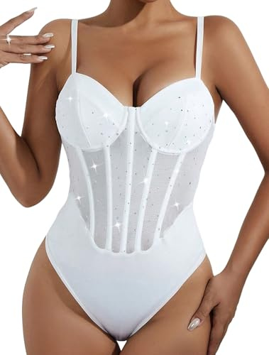 FEOYA Body Damen Sexy Pailletten Netz Unterwäsche Sexy Glitzer Bodys für Damen Dessous Babydoll One Piece Outfit Snap Crotch Bodysuit Teddy Lingerie Frauen