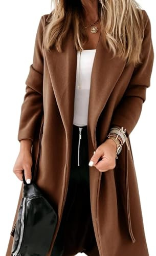 Cicy Bell Womens Classic Notched Lapel Collar Coat Open Front Belted Long Jacket,coffee,XL