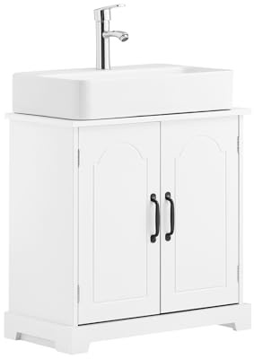 SoBuy Waschbeckenunterschrank 60 cm, Badezimmerschrank Badmöbel in Holz mit verstellbaren Regalen, feuchtigkeitsbeständig, Unterschrank Waschbecken für kleine Bäder, Weiß, MDF, BZR205-W