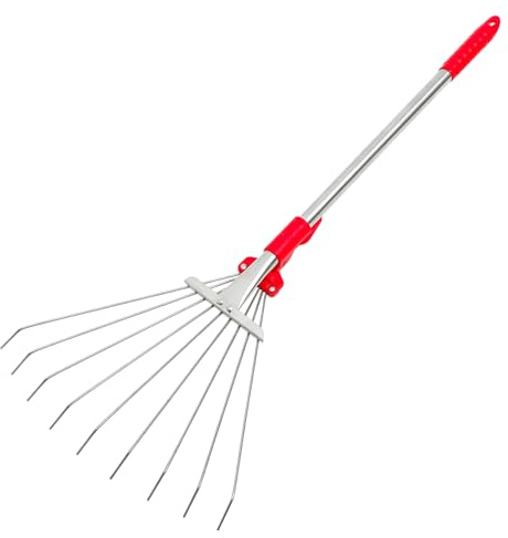 Edelstahl Gartenrechen mit Teleskopstiel, Rot, für Rasenflächen | Laub und Strauchrechen, Ausziehbarer Griff, Vielseitig für Gartenarbeit und Hofpflege