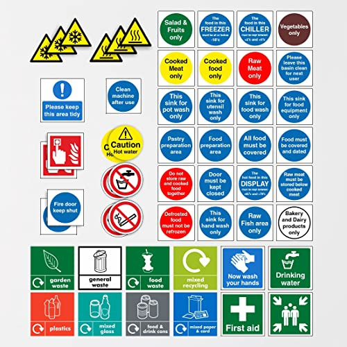 Professional Kitchen Safety Signs Set, 54 Self-Adhesive Signs, Food Hygiene and Catering Health & Safety Stickers