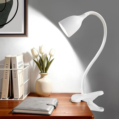 GyroVu Schreibtischlampe Klemmbar für Home Office, LED Klemmlampe Leselampe, Klemmleuchte für Bettkopfteil, Verstellbare Flexible Schwanenhals Schreibtischlampe für Studentenwohnheim & Lernzimmer Weiß