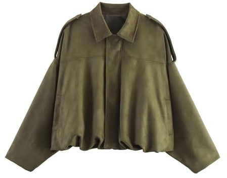 DeaAmyGline Wildlederjacke Damen Bomberjacke, Wildleder Mantel Damen Kurz Kunstwildleder Lederjacke Oversized Blouson Jacke Revers Pilotenjacke Streetwear Übergangsjacke