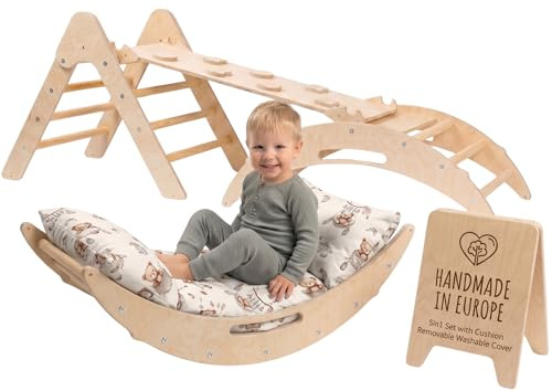 WoodsCraft 5in1 Set: Kletterbogen mit Kissen, Kletterdreieck, Rutsche/Rampe | Midi Set mit hypoallergen Kissen für Kletterbogen, holz Montessori Klettergerüst indoor, Babyrutsche, Klettern Baby & Kinder