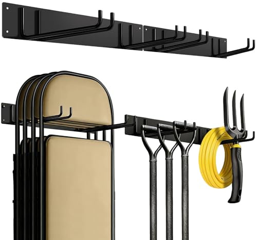 2 Stück Metall-Gartengerätehalter Garagen-Werkzeug-Organizer Tool Organizer Wandhalterung mit 2 Doppelhaken, Aufhängung für Garten, Keller, für Stuhl, Besen, Schaufel, Rechen, Gartengeräte