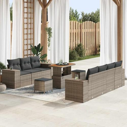 Hoopleep Gartensofa-Set mit Kissen, 10-teilig, Grau Poly Rattan, Modulares Loungeset für Terrasse und Außenbereich, UV-beständig, mit Stauraumfunktion