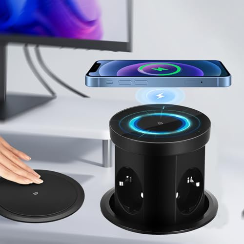 Bloc Prise Encastrable Plan de Travail, Multiprise Escamotable 2 USB A, 3 Prises, avec Chargeur sans Fil 15 W, pour Plan de Travail, Cuisine, Maison, Bureau 3680 W/16 A, Prise Encastrable D 110 mm