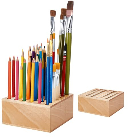 twinklemon Pinselhalter aus Buchenholz, 42 Steckplätze, Pinsel Organizer, Holzblock als Stiftehalter für Schminkpinsel