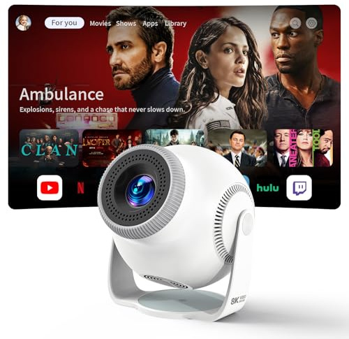 Mini Projector with 4K & 1080P Support, Android 14 Smart System, 8K Decoding, 480 ANSI Lumens, Wi-Fi 6 and Bluetooth 5.4, Auto Keystone, 180° Rotatable Projector for Bedroom
