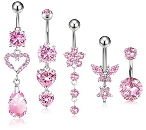 Dermalyx Set Di 5 Piercing Per Ombelico Pendente In Acciaio Chirurgico Argento Rosa, Anello Per Ombelico Con Zirconi, Resistente All’acqua Stile Titanio Lungo Piercing Ad