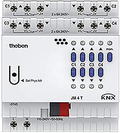 Theben 4940250 JM 4 T KNX FIX2 Jalousieaktor 4-fach REG | DIN-Schiene/Hutschiene, 4 Kanäle 6 A, Jalousien/Rollladen/Raffstore, Kopierfunktion, potenzialfreie Kontakte, KNX TP