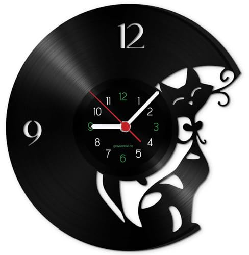 GRAVURZEILE Wanduhr aus Vinyl Schallplattenuhr „Katze“ Upcycling Design Wand-Deko Vintage Wand-Dekoration Retro-Uhr Made in Germany