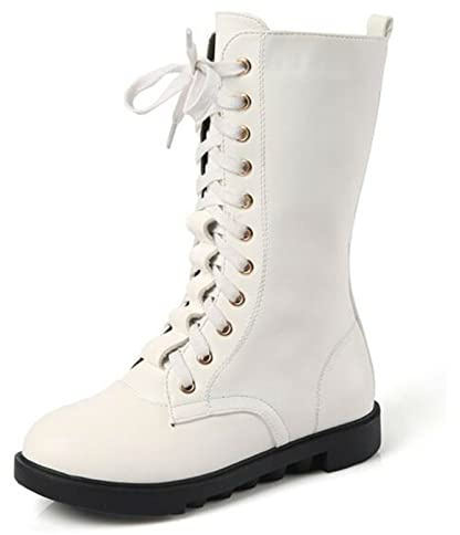 DADAWEN Kid's Girls Leather Lace-Up Zipper Mid Calf Combat Riding Winter Boots (Toddler/Little Kid/Big Kid) White US Size 4.5 M Big Kid