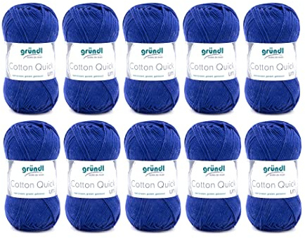 Gründl Wolle Cotton Quick uni Häkelgarn 10 Knäuel 50 g, Marineblau | dünne Wolle zum Häkeln - Strickgarn - Häkelgarn - Glänzend und hautfreundlich - 100 % Baumwolle - 50 g / 125 m