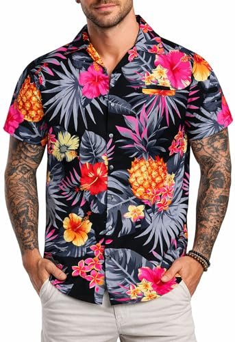 King Kameha Funky Hawaii-skjorta för män, kortärmad, frontficka, Hawaii-tryck, ananas, palmer och blommor, Svart grå, XL
