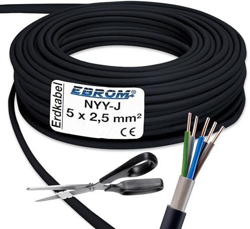 EBROM Erdkabel NYY-J 5x2,5 mm² Starkstromkabel Erdleitung schwarz - 16 m | 10m bis 150m - Elektrokabel zur Verlegung im freien oder im Erdreich, VDE 0276 Teil 603 - Nennspannung: 600/1000V, 5x2,5 mm2