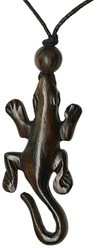 Island Piercings Gecko Halskette aus Holz – Handgeschnitzter Eidechsen Anhänger 5,5 cm – Verstellbare Kette 40–70 cm – Schwarzes Baumwollband – Boho Ethno Schmuck für Damen & Herren