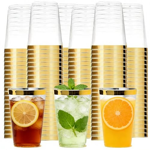 Tebery 100 Pack Clear Plastic Cups Party Glasses, 16Oz Disposable Cup Plastic Tumblers, Elegant Party Tumblers Cups Wedding Cup with Gold Rim
