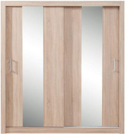 Furniture24 Kleiderschrank Duca II Schwebetürenschrank mit Spiegel, 2 Türen, 5 Einlegeboden und 1 Kleiderstange (Sonoma Eiche)