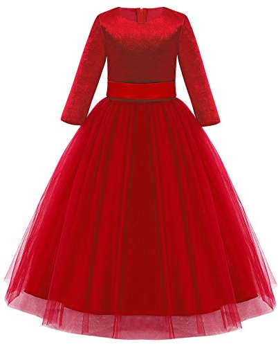 IWEMEK Robe de Fleur Fille Demoiselle d'honneur Robe de Soirée Mariage Tulle Velours Manches 3/4 Princesse Longue Robe de Première Communion Anniversaire Fête Noël Carnaval #A: Rouge 11-12 Ans