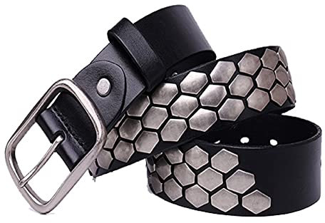 Herren & Damen Gürtel Mit Glitzer Jeansgürtel Ledergürtel Breiter Nietengürtel Cowboy Metal Sechseckig Nieten Punk Leder Belt Für Freizeitkleidung,Schwarz,110cm/waist:36~38