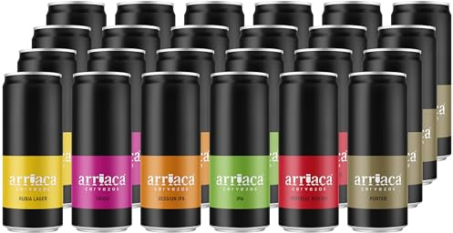 Cerveza Artesana Arriaca Pack Degustación De Todo un Poco 4 RUBIA + 4 TRIGO + 4 SESSION IPA + 4 IPA + 4 IMPERIAL RED IPA + 4 PORTER (Lata 24 x 33cl)