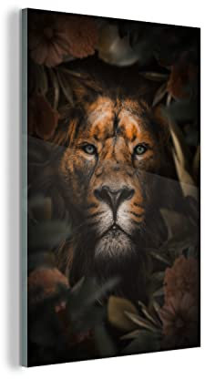 MuchoWow Glasbild Glasfoto Wandbild Bilder Deko 100x150 cm Löwe - Dschungel - Schwarz
