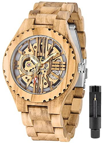 Tiong No Battery Fashion Mechanical Wooden Watch for Men, Mechanical Movement Wooden Strap Men's Watch for Father's Day, Birthday