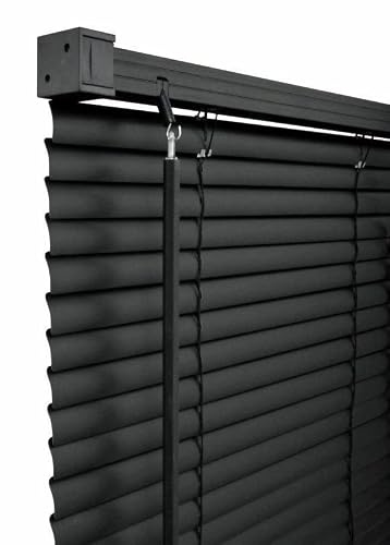 PVC Window Venetian Blinds Strong Trimmable Easy Fit Curtains Shutters Twist Open Close Blinds Home Office Drop 150cm (Black, 105cm x 150cm)