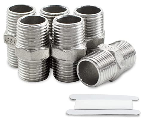 Bwintech 6 Pcs 3/8 Male to 3/8 Male BSP Thread Stainless Steel 304 Hex Nipple Fitting for Pipe Connecting Conversion