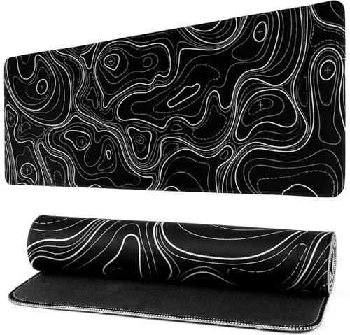 Gaming Mouse Pad Topographic Contour Large Desk Mat Long Computer Keyboard Mouse Mat Mousepad with Slip Base Desk Pad Edge for Home Office Work (Black)