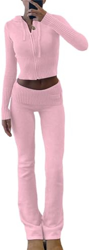 EGSDMNVSQ Tuta da Jogging Y2K Donna in Due Pezzi Giacca con Cerniera con Cappuccio e Pantaloni Slim Fit Abbigliamento da Casa Lavorato a Maglia Completo a Maniche Lunghe Streetwear Anni '90