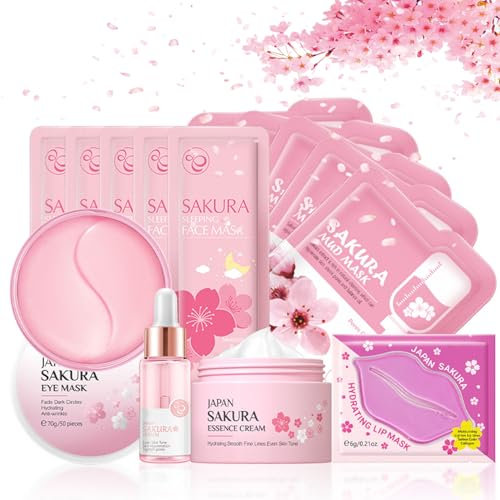 Skin Care For Teenage Girls,Cherry Blossom Skincare Sets Teen Skincare Set,Pamper Sets For Women Gifts,Skin Care Sets & Kits Face Serum,Face Cream,Sleep Mask (One Size, Sakura-Moisturizing Kit)
