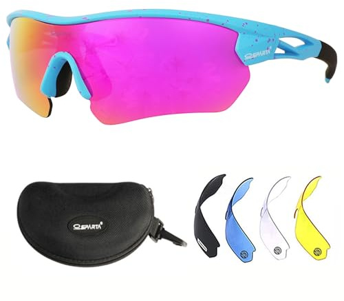 OUTDOORSPARTA Polariserade sportsolglasögon med 5 utbytbara linser för män och kvinnor TR90 obebrytbar ram (8. Blå Ram, Rosa Lins)
