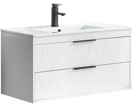 UEV Meuble sous Lavabo Suspendu 90cm, 90 x 45 x 46cm, Blanc(avec Lavabo)