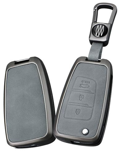 ontto Autoschlüssel Hülle Passt für Hyundai Elantra Solaris Tucson I30 I35 I40 KONA Genesis Santa Fe Azera Metall Leder Schlüsselhülle Schlüsselanhänger Schlüsselgehäuse Schutzhülle 3 Tasten Grau A