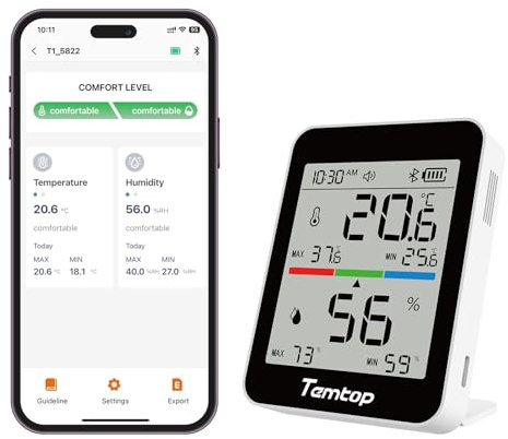 Temtop Hygromètre et Thermomètre Intérieur Bluetooth T1 Moniteur de Température et Humidité Thermometre Numérique pour Maison Bureau avec APP