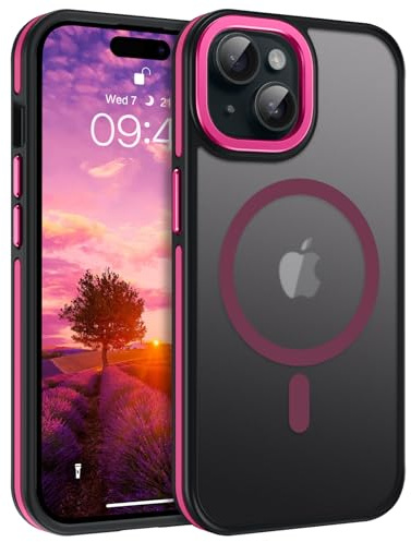 GUAGUA Cover Magnetico per iPhone 15 Plus, Custodia iPhone 15 Plus Compatibile con MagSafe, Opoco Protettivo Case per Signore Sottile Anti-Graffio Glassato Traslucido Antiurto 6,7 Pollici, Rosa Caldo