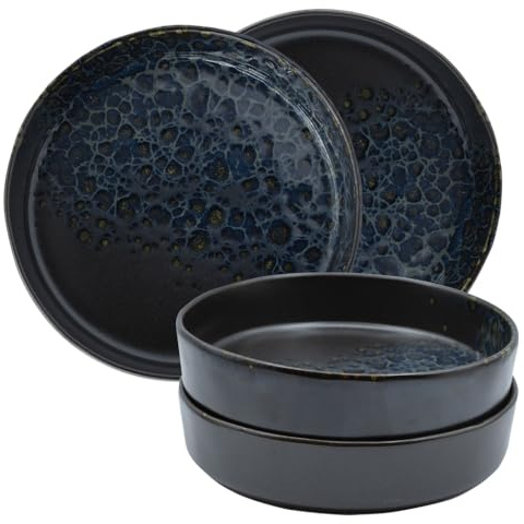 PALUPLUS Set 4 Piatti Fondi in Porcellana Color Nero con Dettagli Blu e Oro, Diametro 18 cm e Altezza 4,5 cm, Adatti per Microonde, Ciotole per Zuppa, Dessert, Insalate -6663F2,8