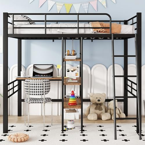Merax Kinderbett Hochbett 90x200 cm, Funktionsbett mit Schreibtisch, 3 Regale Etagenbett Einzelbett, Bettrahmen mit Lattenrost (ohne Matratze) für Kinder und Erwachsene, Schwarz