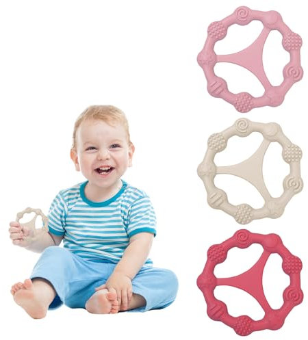 Momowin 3 Pcs Anneau Dentition BéBé, Anneau Dentition Bebe en Silicone Réfrigérant, Facile à Tenir, pour les BéBés à Partir de 6 Mois (rouge foncé + rose clair + beige)