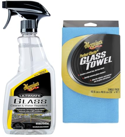 Perfektes Set für klare Sicht: Meguiar's Glasreiniger-Set mit Glasversiegelung – Ultimativer Glasreiniger & Mikrofaser-Glastuch für streifenfreie, wasserabweisende Glasreinigung mit Abperleffekt