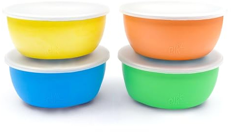 Elk and Friends Ciotole per bambini in acciaio inox con maniche in silicone + coperchi, adatte per neonati e bambini, lavabili in lavastoviglie, stoviglie antiscivolo, piatti per snack, confezione da