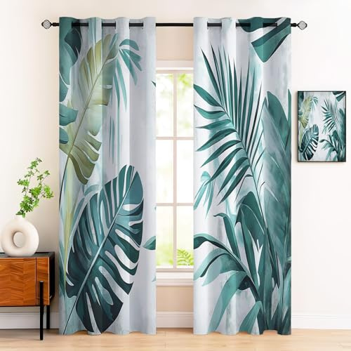 GDJSMIN Illustrazioni Piante Tropicali Tende Per Interni Oscuranti 2 Pezzi, Foglie Monstera Ad Acquerello Tende Camera Da Letto Coprente Moderne Con Occhielli, 132L×160A Cm,Turchese