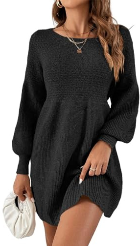 Saodimallsu Women's Jumper Dress Sweater Dresses with Lantern Sleeve | Crew Neck, High Waisted, Elegant, Rib Knit Long Pullover