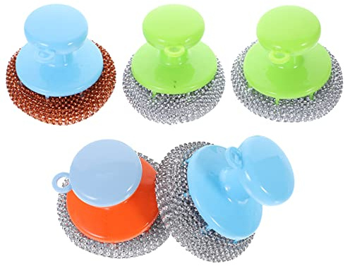 HAMPPLIES 5 Juegos Cepillos Acero Inoxidable para Cocina Estropajo Metálico con Mango Corto Resistente y Seguro para Ollas Sartenes Limpieza Versátil Hogar y Exterior Color Color Aleatorio