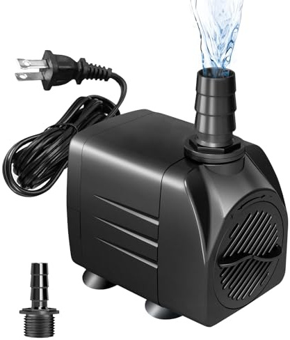 220GPH (800L/H) Submersible Pump 15W, Ultra-Quiet Water Fountain Pump with Adjustable Flow, 5.25ft High Lift & 3.9ft Power Cord, Includes 3 Nozzles for Aquarium, Pond, Hydroponics, Statuary