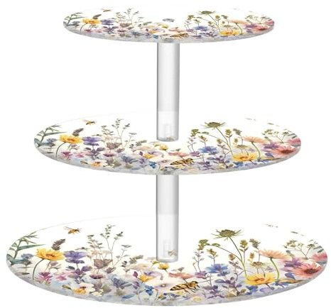 Blueangle 3-Tier Round Cupcake Stand – Herbs and Wild Flowers Acrylic Dessert Tower, Non-Slip Tiered Dessert Stand for Baby Shower, Birthday, Wedding Party （451）