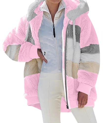Generisch Fleecejacke Hoodie Damen Kapuzenpullover Teddy-Fleece Jacke Warm Herbst Wintermantel Stilvoller ReißVerschluss Fellmantel PlüSchjacke Mit Taschen übergangsjacke 2#Rosa XL