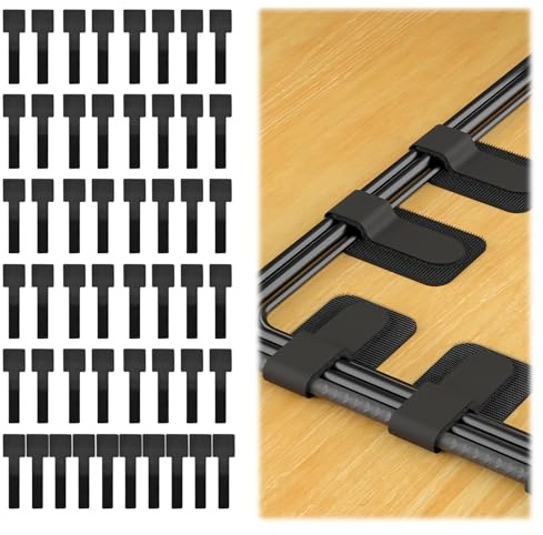50PCS Cable Management Under Desk, Self Adhesive Cord Tidy Clips Straps, Reusable Wire Organizer Adjustable Sticky-Back Hook and Loop lead Ties line Keepers for Wall TV PC Laptop Desktop Ethernet